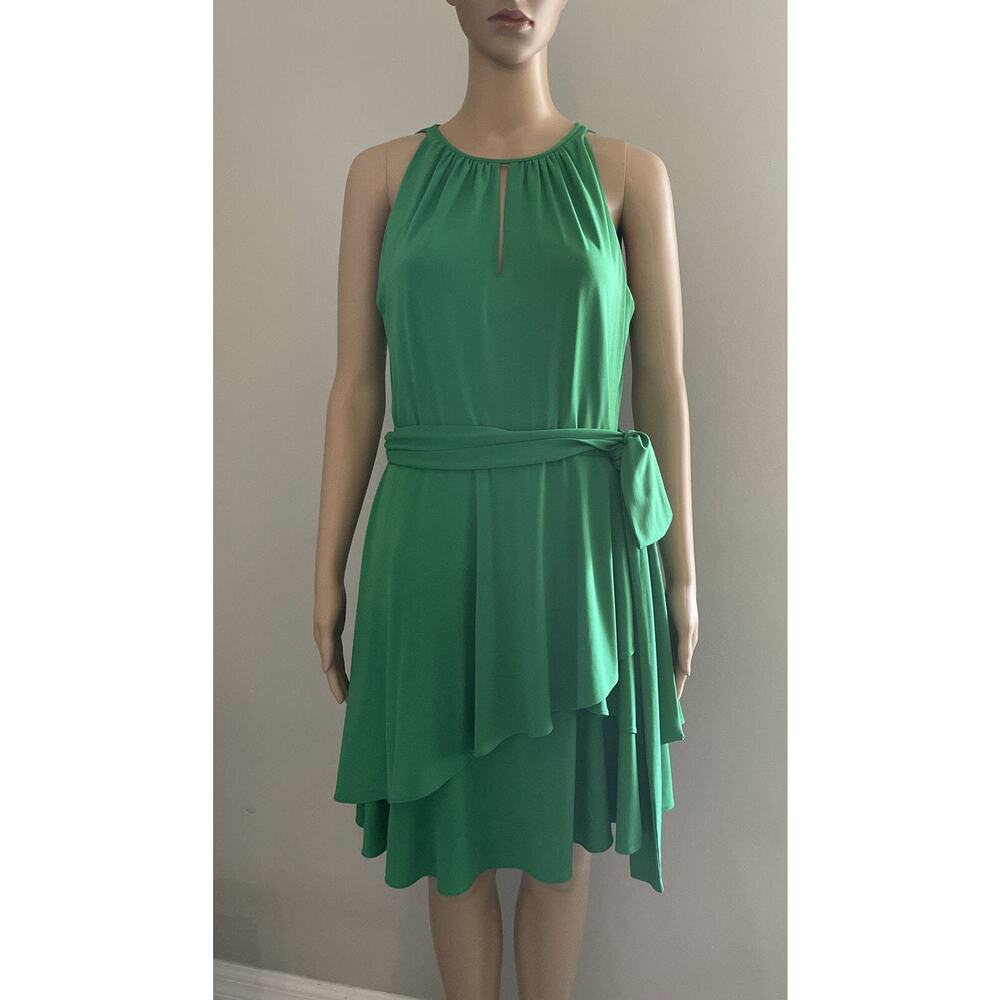 Tahari ASL Womens Dress Green Tiered Knee Length Belted Keyhole Sleeveless Sz 6